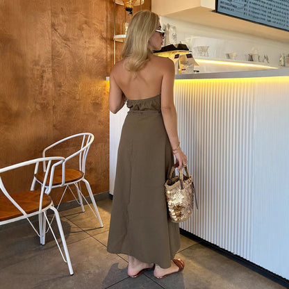 1Waist-Cinched Mid-Length Lace-Up Dress