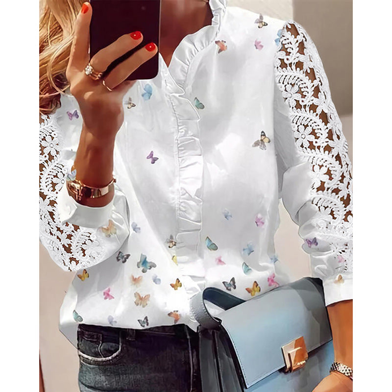 WOLFF | Floral Rüschkragen Langarmshirt