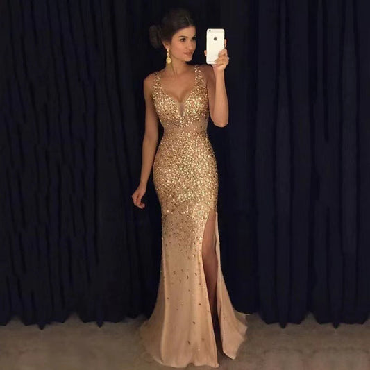 WOLFF | Schlitz Goldfolie Lange Abendkleid