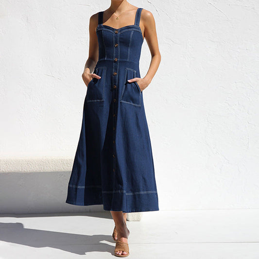 WOLFF | Vintage Button Denim Kleid mit Spaghettiträgern