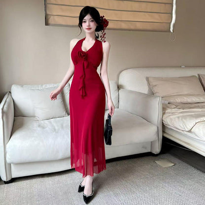 1Long Floral Backless Mesh Halter Dress