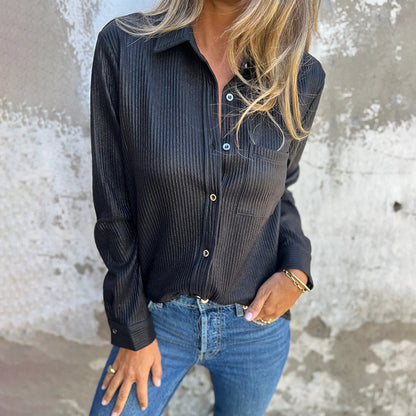 1Metallic Color Lapel Loose Pocket Shirt