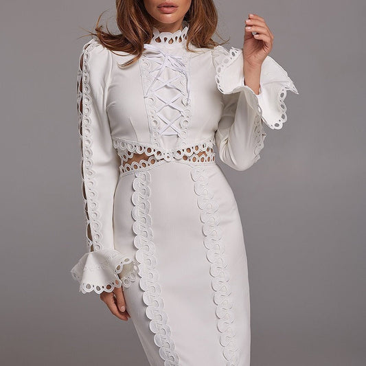 WOLFF | Spitzenbesatz Kurzarm Midi Kleid