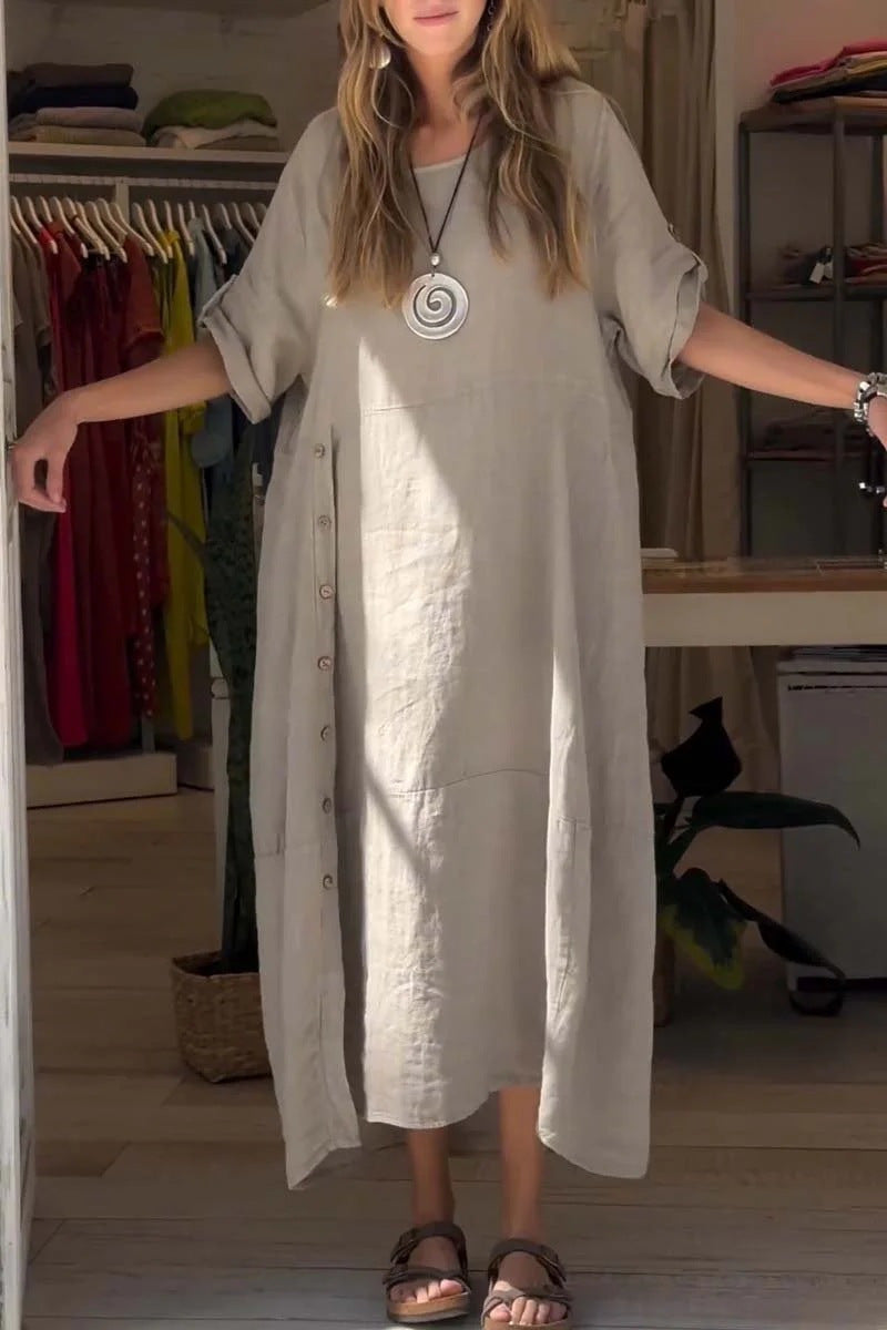 WOLFF | Einfarbiges Kurzarm-Baumwolle-Leinen-Kleid