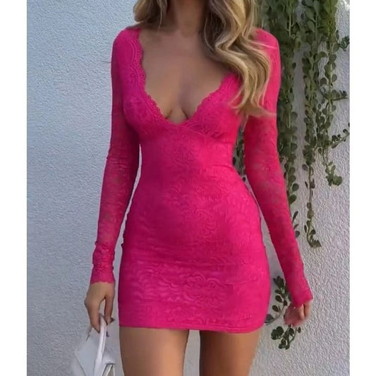 WOLFF | Pendeln Pullover V-Ausschnitt Spitze Lang Kleid
