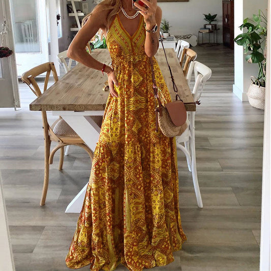 WOLFF | Hoch tailliertes V-Ausschnitt gedrucktes florales langes Kleid