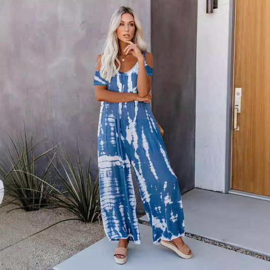 WOLFF | Bedruckter lässiger Jumpsuit mit kurzen Ärmeln und Taschen