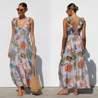 1Printed Lace Strap Vacation Beach Dress