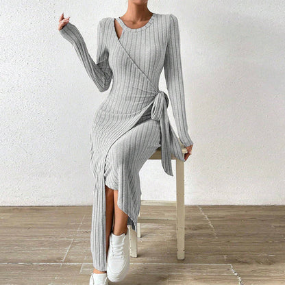 WOLFF | Strickgraues asymmetrisches langes Rockkleid