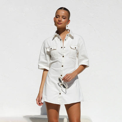 WOLFF | Taschen Taille Gerafftes Hemd Jeanskleid