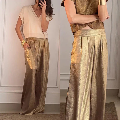 WOLFF | Metallic Hochbund Slimming Weite Beinform Hose