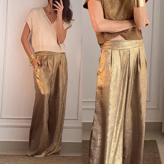 WOLFF | Metallic Hochbund Slimming Weite Beinform Hose