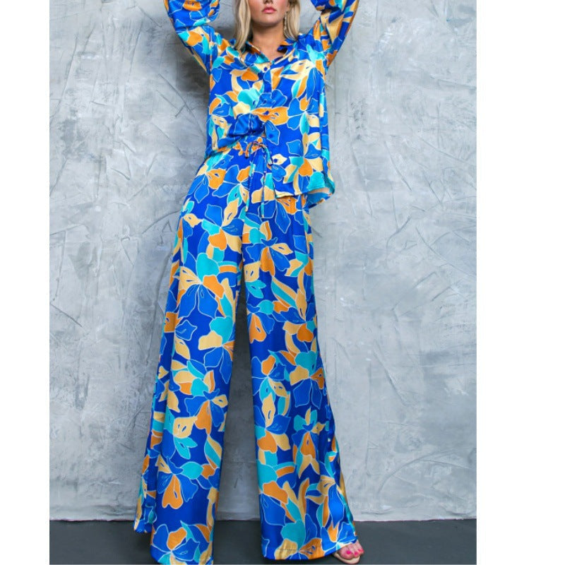 WOLFF | Bedrucktes Bubble Langarmshirt mit gebundenen weit geschnittenen Hosen Zweiteiliges Set