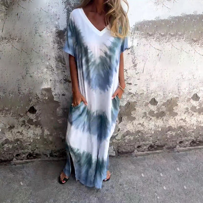 WOLFF | Tie-Dye Kurzarm V-Ausschnitt Kleid