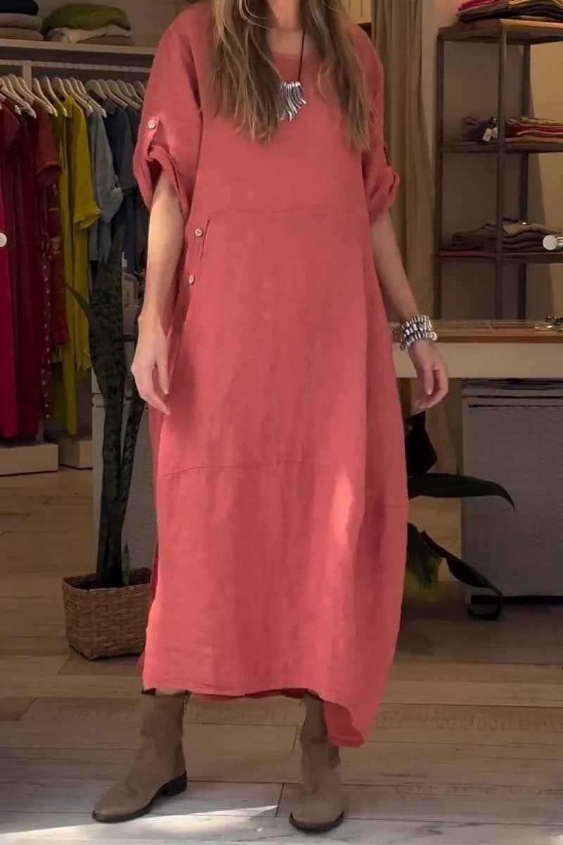WOLFF | Einfarbiges Kurzarm-Baumwolle-Leinen-Kleid