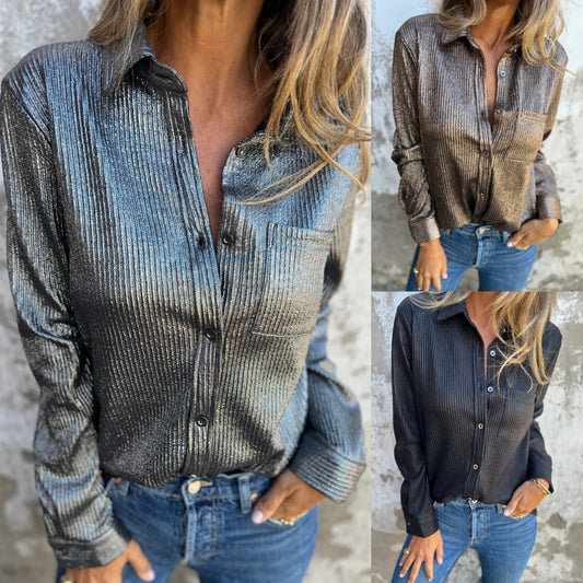 WOLFF | Metallicfarbene Reverslose Taschenbluse