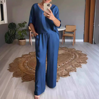 WOLFF | Einfarbiges Seiden-V-Ausschnitt-Casual-Set
