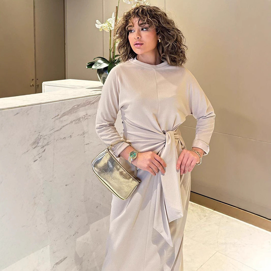 1Lace-Up Fitted Classy Long Sleeve Midi Dress