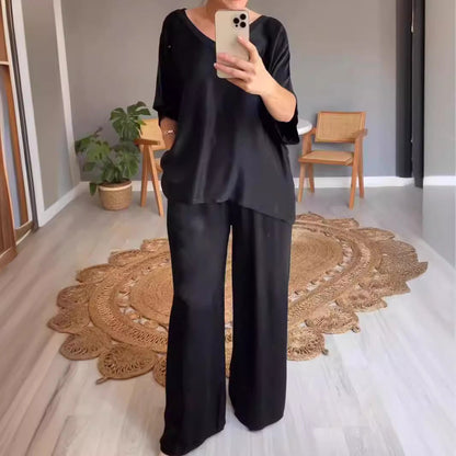 WOLFF | Einfarbiges Seiden-V-Ausschnitt-Casual-Set