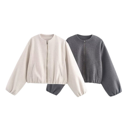 Damen bequeme und stylische Bomberjacke mit hohem Kragen und seitlichen Taschen -Mode