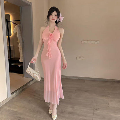 1Long Floral Backless Mesh Halter Dress