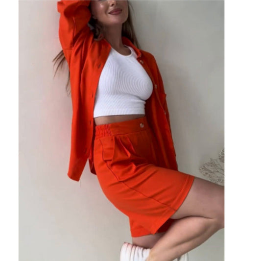 WOLFF | Locker Langarm-Top Lässige Hochbund-Shorts Zweiteiliges Set