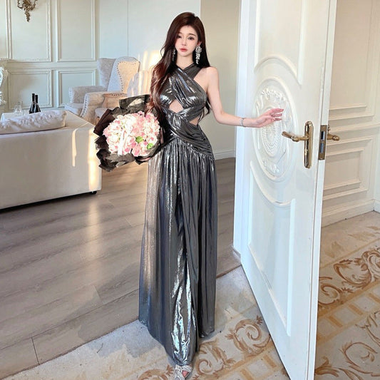 WOLFF | Vintage Metall Falten Linie Ausgehöhlte Halterkleid
