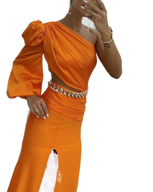 WOLFF | Ein-Schulter Langarm-Schlitz Lang Kleid
