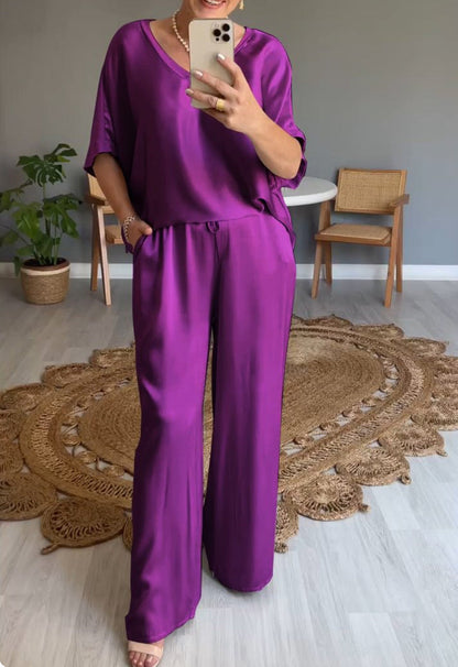 WOLFF | Einfarbiges Seiden-V-Ausschnitt-Casual-Set