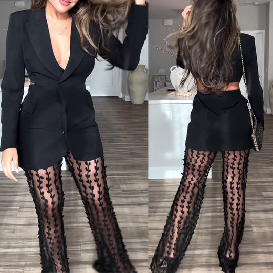 1Waist Revealing Coat Suit Lace Pants Set