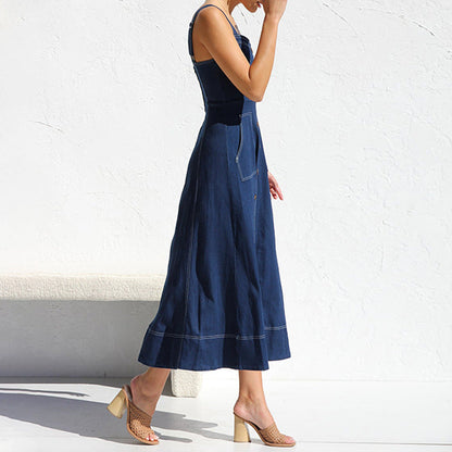 WOLFF | Vintage Button Denim Kleid mit Spaghettiträgern