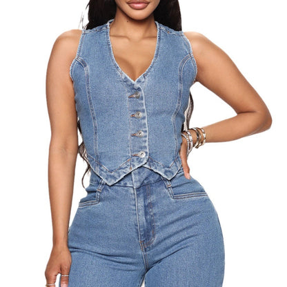 Sleeveless single-breasted denim-washed vest