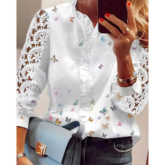 WOLFF | Floral Rüschkragen Langarmshirt