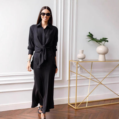 1High-Split Long Sleeve Shirt Mid-Length Skirt Set