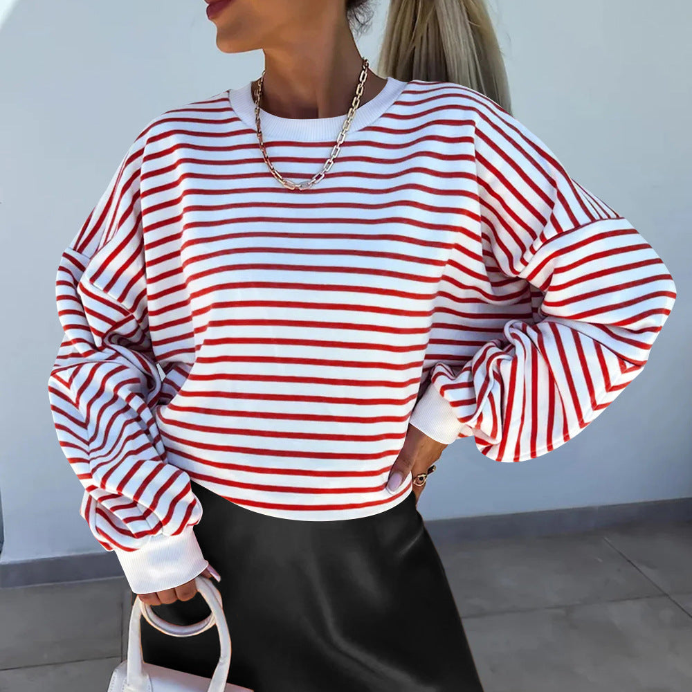 Damen lässiges gestreiftes Sweatshirt mit Boxy-Schnitt und kontrastierenden Abschlüssen -Mode