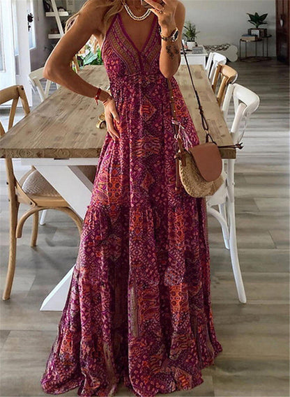 WOLFF | Hoch tailliertes V-Ausschnitt gedrucktes florales langes Kleid