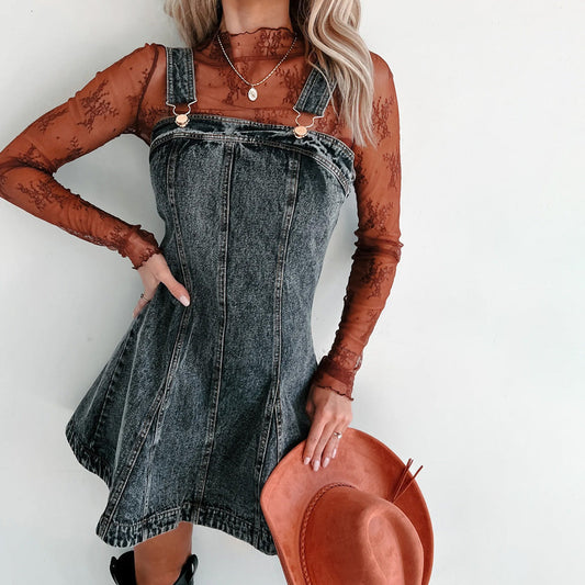 1Square Neck Adjustable Strap Distressed Denim Dress