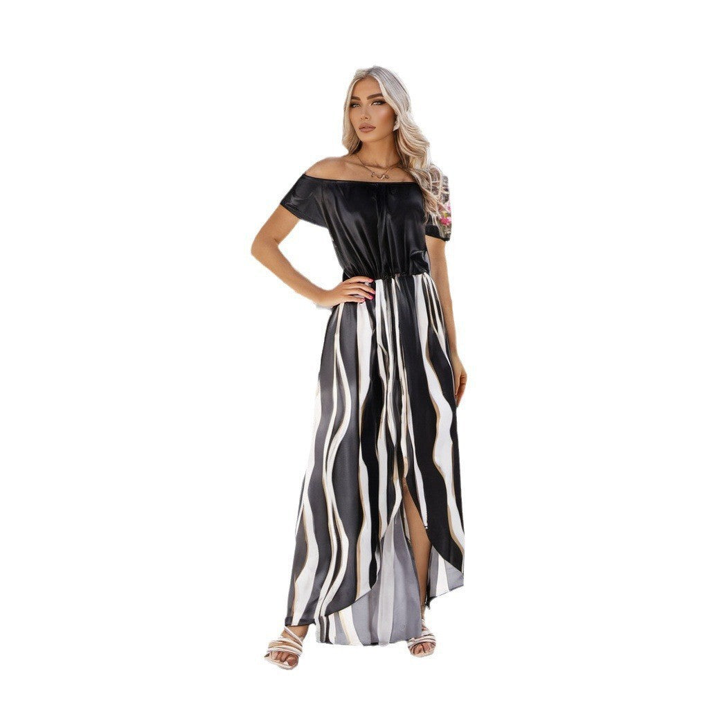 WOLFF | Zebra-Muster Off-Shoulder Taillensammel Shorts Kleid