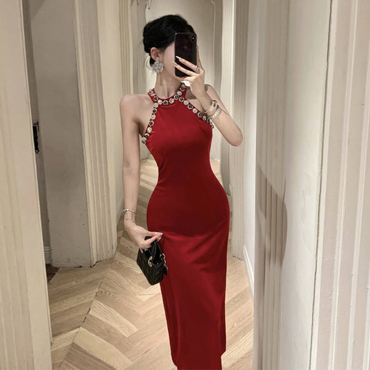 WOLFF | Glitzerndes Strass Samt Halterneck Kleid