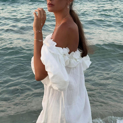 WOLFF | Puff-Ärmel Spitze Strandkleid mit Off-Shoulder-Design