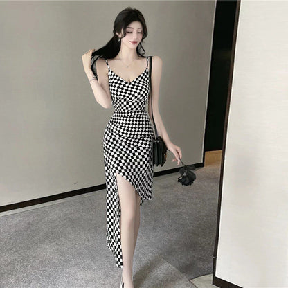 1Plaid Irregular Hem Spaghetti Strap Dress