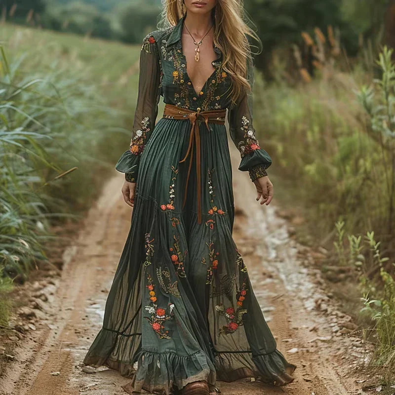 Niedrig V-Ausschnitt Langarm Boho Stil Maxikleid Iricka