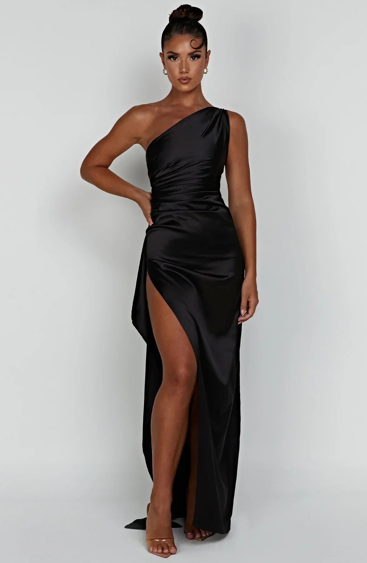 1One Shoulder Pleated Split Satin Dress