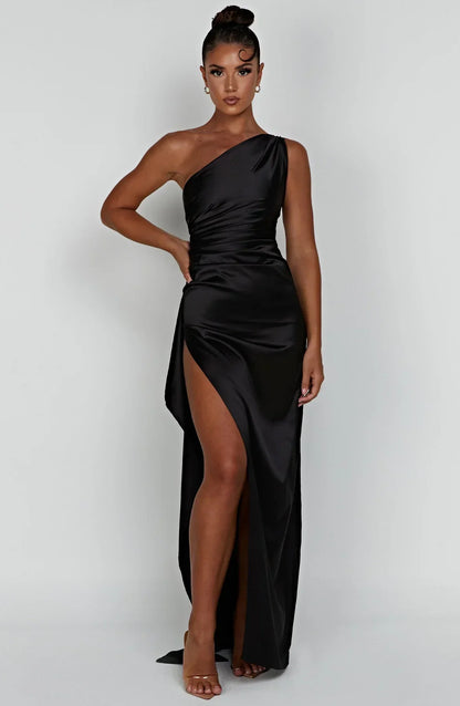 1One Shoulder Pleated Split Satin Dress