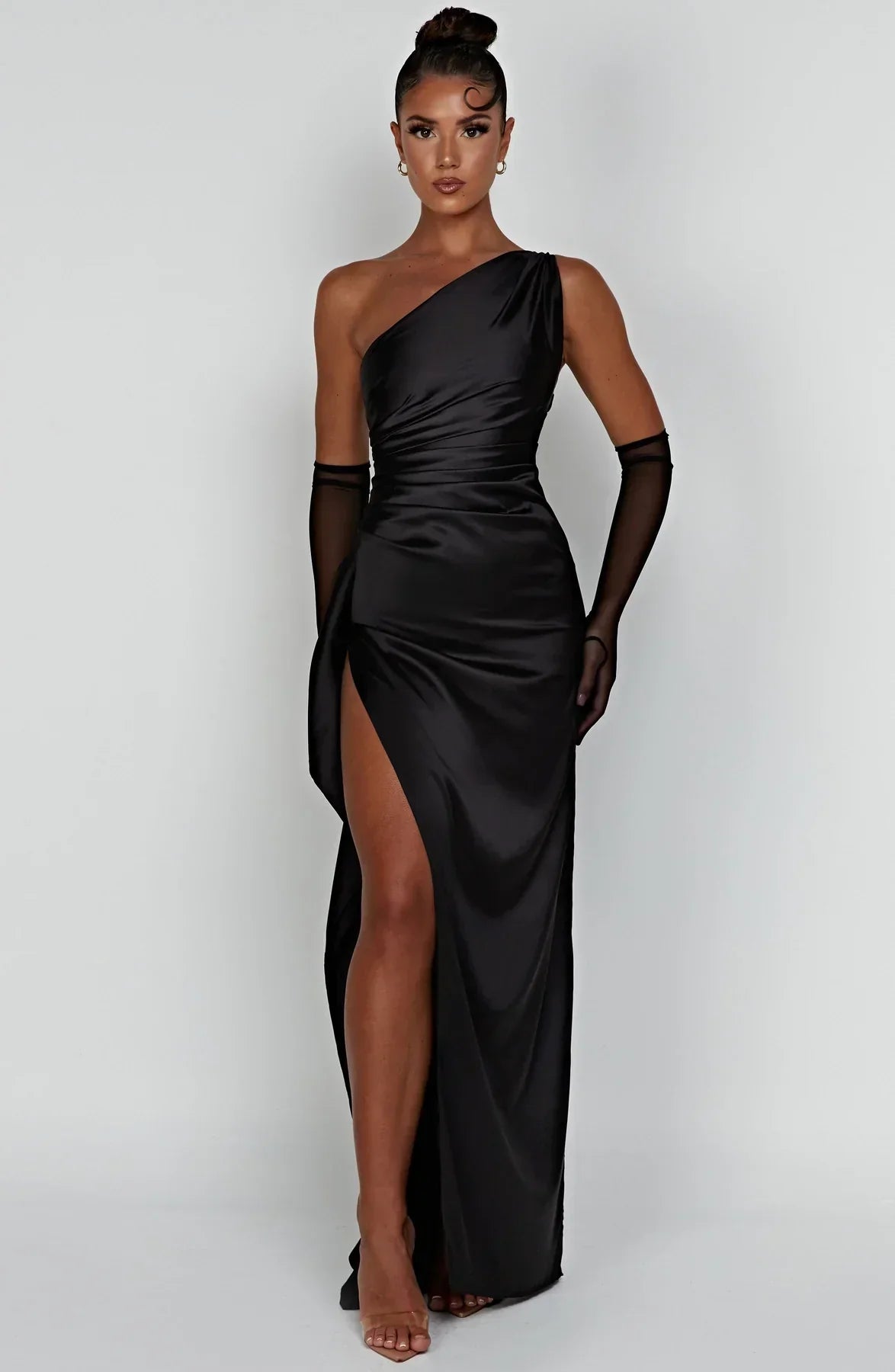 1One Shoulder Pleated Split Satin Dress