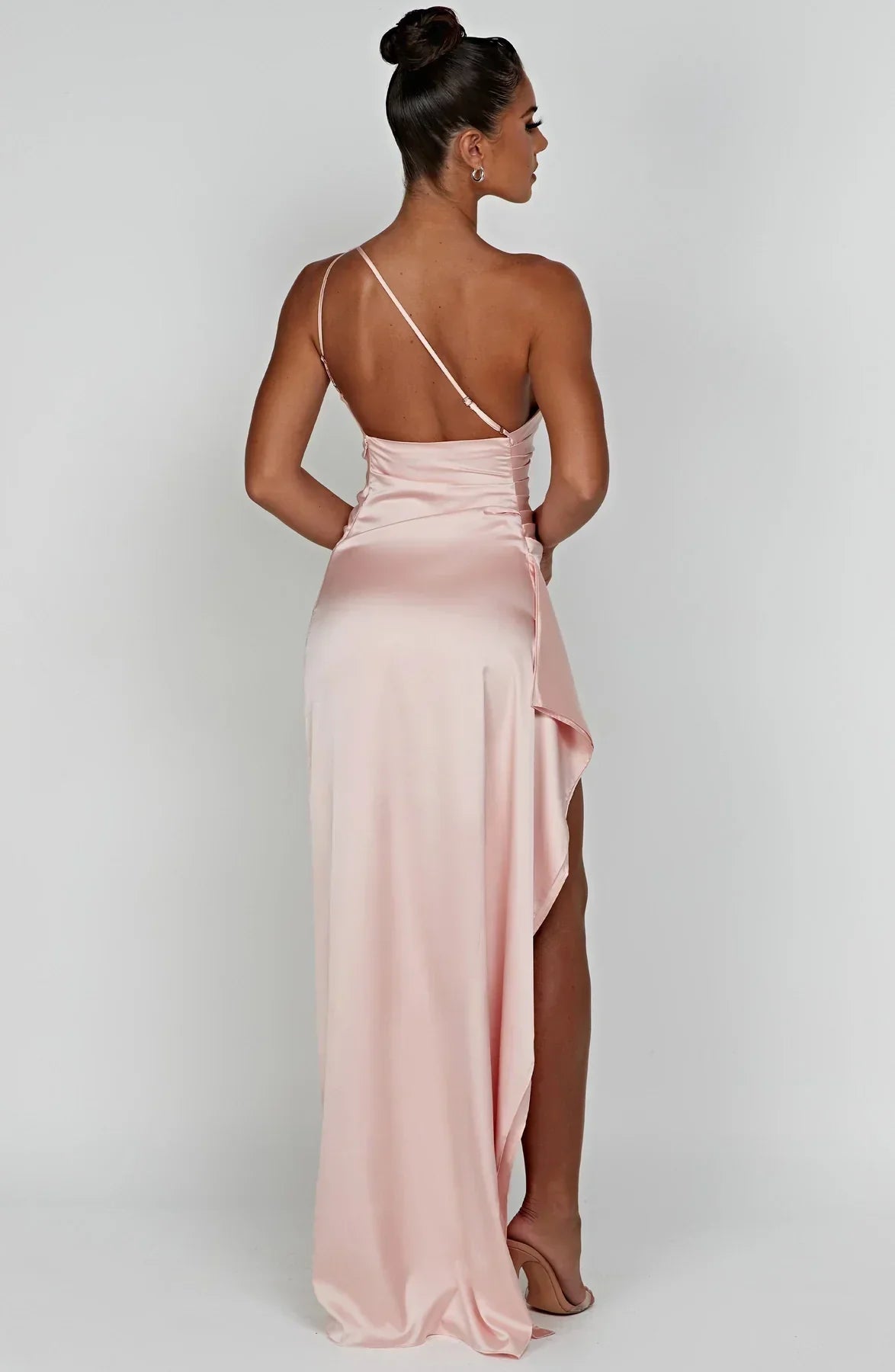 1One Shoulder Pleated Split Satin Dress