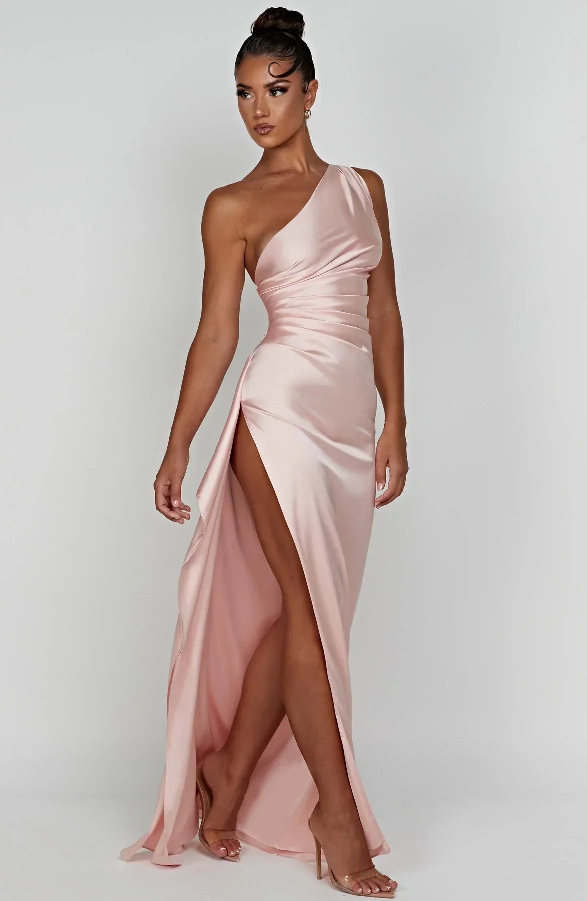 1One Shoulder Pleated Split Satin Dress