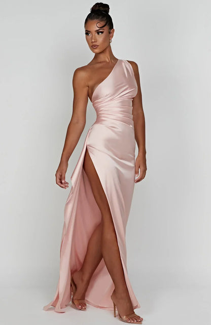 1One Shoulder Pleated Split Satin Dress