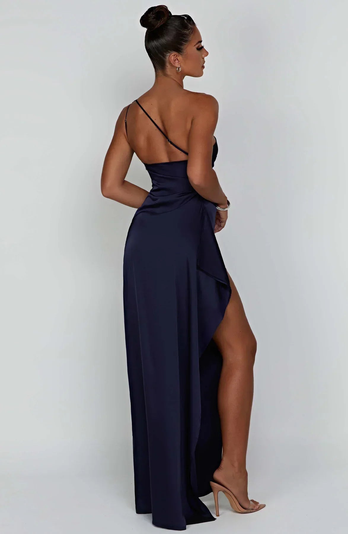1One Shoulder Pleated Split Satin Dress