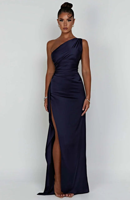 1One Shoulder Pleated Split Satin Dress